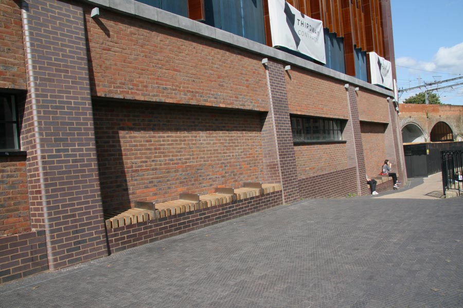 Brown brindle bricks and Staffordshire blue diamond chequer pavers at Camdens new Hawley Wharf